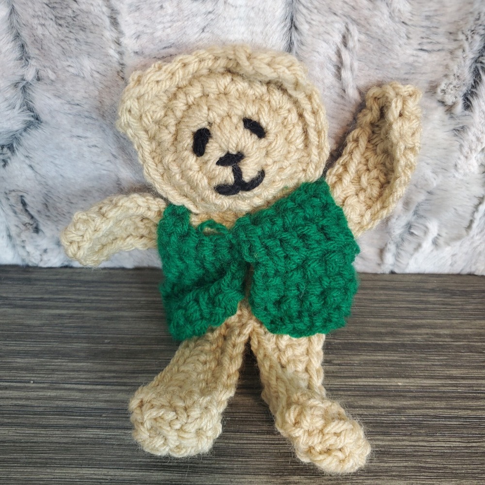 Crochet FLAT Teddy Bear Wearing‎ Green Vest, Handmade 8" Lovey Travel Animal
